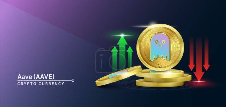 Aave token cryptocurrency banner. Future currency on blockchain stock market with red-green arrows up and down. Gold coins crypto currencies. Banner for news on a solid background. 3D Vector.
