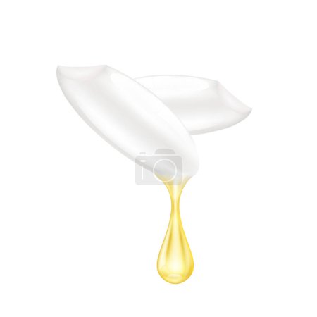 Ilustración de Rice bran oil dripping from rice seed close up realistic. Vegetarian organic ingredient for cooking. Oil drop extract shiny golden yellow 3D isolated on white background. Vector EPS10. - Imagen libre de derechos