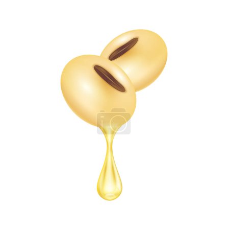 Ilustración de Soybean oil dripping from beans seed close up realistic. Vegetarian organic ingredient for cooking. Oil drop shiny golden yellow 3D isolated on white background. Vector EPS10 illustration. - Imagen libre de derechos
