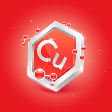 Téléchargez les illustrations : Copper minerals in pentagon red shape with chemical atom molecule orbit around. 3D Logo label nutrition silver. Used for products food and medicine design. Science concepts. Isolated Vector. - en licence libre de droit