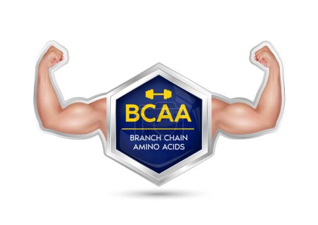 Illustration for Label aluminum BCAA Branched chain amino acid whey protein. Tense flex muscles of sportsman. Dietary supplement for bodybuilding and fitness. Sports nutrition concept. Vector EPS10. - Royalty Free Image
