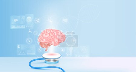 Das Gehirn schwimmt vom Stethoskop weg. Medizinische Symbole Virtuelles Hologramm auf dem Bildschirm des Computers. Ärzte diagnostizieren digitalen Datensatz. Innovationen in der elektronischen Medizintechnik. 3D-Vektor.
