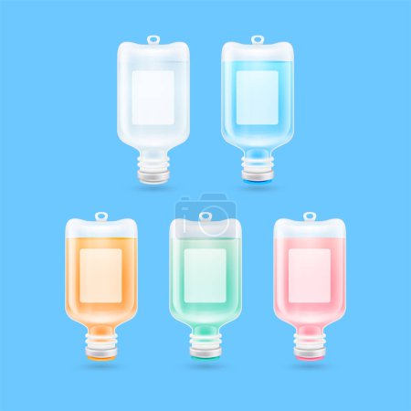 Set saline bag. Injection of IV drip collagen vitamins for health and skin. Product advertisement design with copy space for text. Isolated on blue background. Medical concept. 3D vector EPS10.