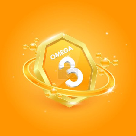 Omega 3 en forme d'octogone orange et orbite atome autour. Logo étiquette nutrition 3D or. Utilisé pour la conception de produits alimentaires. Huile de poisson polyinsaturée nutriments gras. Vecteur isolé EPS10.