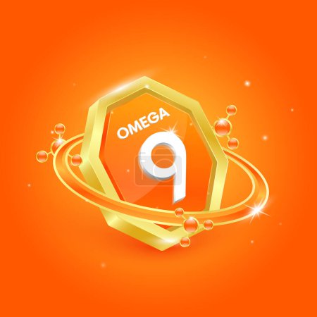 Omega 9 en forme d'octogone orange et orbite atome autour. Logo étiquette nutrition 3D or. Utilisé pour la conception de produits alimentaires. Huile de poisson polyinsaturée nutriments gras. Vecteur isolé EPS10.