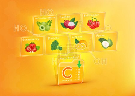 Téléchargez les illustrations : Dossier recueillir la vitamine C orange. Il y a un écran qui projette des images de fruits et légumes. Vitamine qui neutralise les radicaux libres. Concept beauté anti-âge et soins de santé. Vecteur 3D EPS10. - en licence libre de droit