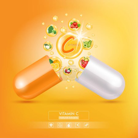 Téléchargez les illustrations : La vitamine C flotte loin de la capsule orange. Fruits et légumes qui neutralisent les radicaux libres. Avec une formule chimique. Anti vieillissement concept d'amélioration de la beauté et des soins de santé. Vecteur 3D. - en licence libre de droit