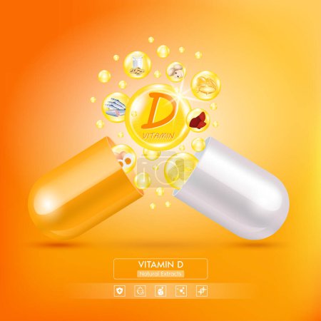 Téléchargez les illustrations : La vitamine D flotte loin de la capsule orange. Fruits et légumes qui neutralisent les radicaux libres. Avec une formule chimique. Anti vieillissement concept d'amélioration de la beauté et des soins de santé. Vecteur 3D. - en licence libre de droit