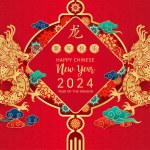 Happy Chinese New Year 2024. Chinese dragon gold zodiac sign on red background for card design. China lunar calendar animal. (Translation : happy new year 2024, year of the dragon) Vector EPS10.
