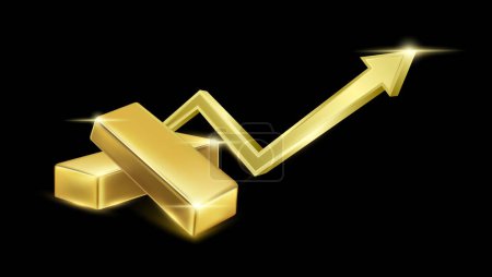 Illustration for Gold bars with golden arrows up on black background. The growth of world gold. Business economic concept. 3D Vector illustration. - Royalty Free Image