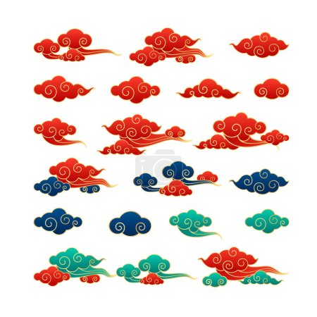 Traditionelle chinesische Wolken in Rot. Himmelsornamente in chinesischem, koreanischem und japanischem orientalischen Stil für Festbanner oder Karten im chinesischen Neujahrsdesign. Vereinzelt auf weißem Hintergrund. Vektor.