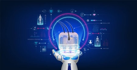 Illustration for Futuristic medical cybernetic robotics technology. Human hair and skin virtual hologram float away from robot hand. Innovation artificial intelligence robots assist care health. 3D Vector. - Royalty Free Image