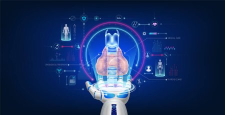 Illustration for Futuristic medical cybernetic robotics technology. Human thyroid gland virtual hologram float away from robot hand with medical icon. Innovation artificial intelligence robots assist care health. 3D Vector. - Royalty Free Image