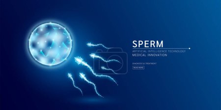 Illustration for Sperm and egg cells low poly triangles. Futuristic glowing hologram on dark blue background. Medical innovation. Fertilization reproductive and health care pregnancy. Website template banner vector. - Royalty Free Image