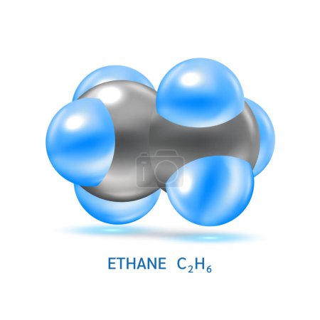 Illustration for Ethane gas molecule models and Physical chemical formulas. Natural gas combustible gaseous fuel. Ecology and biochemistry science concept. Isolated on white background. 3D Vector Illustration. - Royalty Free Image