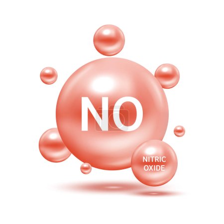 Illustration for Nitric oxide NO molecule models red and chemical formulas scientific. Ecology and biochemistry concept. Air pollution emissions contamination with industrial pipes. Isolated spheres 3D Vector. - Royalty Free Image