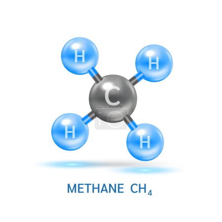 Ilustración de Modelos de moléculas de gas metano (CH4) y fórmulas químicas físicas. Gas natural combustible combustible gaseoso. Ecología y bioquímica concepto de ciencia. Aislado sobre fondo blanco. Ilustración vectorial 3D. - Imagen libre de derechos