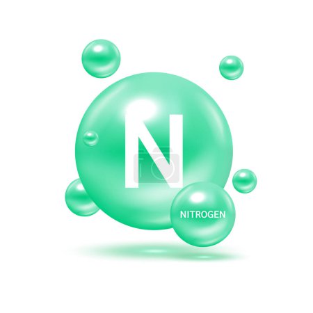 Illustration for Nitrogen molecule models green and chemical formulas scientific element. Natural gas. Ecology and biochemistry concept. Isolated spheres on white background. 3D Vector Illustration. - Royalty Free Image