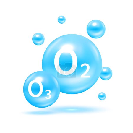 Ilustración de Oxígeno O2 Ozono Molécula de O3 modelos azul y fórmulas químicas. Gas natural. Ecología y bioquímica. sobre fondo blanco. Ilustración vectorial 3D. - Imagen libre de derechos
