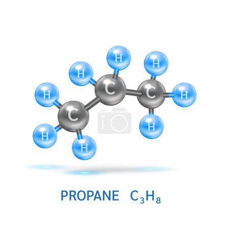 Ilustración de Modelos de moléculas de gas propano (C3H8) y fórmulas químicas físicas. Gas natural combustible combustible gaseoso. Ecología y bioquímica concepto de ciencia. Aislado sobre fondo blanco. Ilustración vectorial 3D. - Imagen libre de derechos