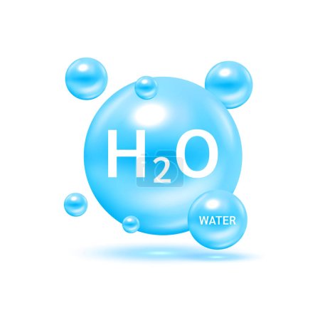 Wasser H2O-Molekül modelliert blaue und chemische Formeln natürlich. Zur Dekoration von Sauerstoffkosmetik. Ökologie und Biochemie. auf weißem Hintergrund. 3D Vektor Illustration.