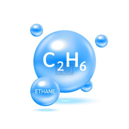 Ethangas-Molekülmodelle und physikalisch-chemische Formeln. Erdgas brennbarer gasförmiger Brennstoff. Ökologie und Biochemie. Vereinzelt auf weißem Hintergrund. 3D Vektor Illustration.