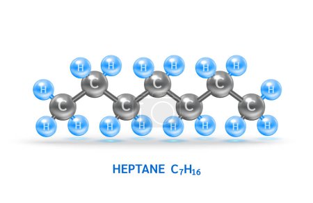 Ilustración de Modelos de moléculas de gas heptano C7H16 y fórmulas químicas físicas. Gas natural combustible combustible gaseoso. Ecología y bioquímica concepto de ciencia. Aislado sobre fondo blanco. Ilustración vectorial 3D. - Imagen libre de derechos