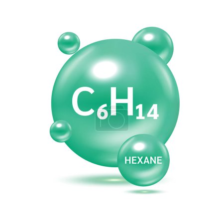 Ilustración de Modelos de moléculas de gas hexagonal C6H14 y fórmulas químicas físicas. Gas natural combustible combustible gaseoso. Ecología y bioquímica concepto de ciencia. Aislado sobre fondo blanco. Ilustración vectorial 3D. - Imagen libre de derechos
