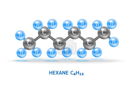 Ilustración de Modelos de moléculas de gas hexagonal C6H14 y fórmulas químicas físicas. Gas natural combustible combustible gaseoso. Ecología y bioquímica concepto de ciencia. Aislado sobre fondo blanco. Ilustración vectorial 3D. - Imagen libre de derechos