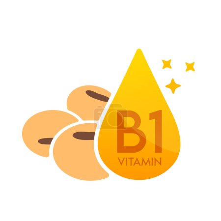 Ilustración de Icono de vitamina B1 con naranja de cereal de soja. Forma suero de gota línea simple aislado sobre un fondo blanco. Diseño para su uso en web, aplicaciones y medios impresos. Concepto de símbolo de suplemento alimenticio médico. Vector EPS10. - Imagen libre de derechos