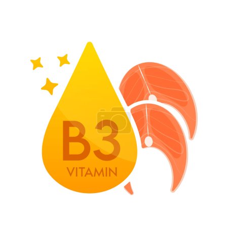 Ilustración de Icono de vitamina B3 orang con pescado. Forma suero de gota línea simple aislado sobre un fondo blanco. Diseño para su uso en web, aplicaciones y medios impresos. Concepto de símbolo de suplemento alimenticio médico. Vector EPS10. - Imagen libre de derechos