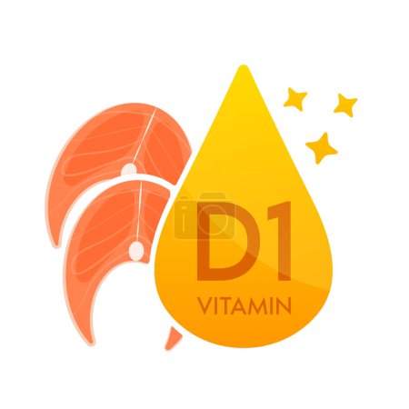 Ilustración de Icono de vitamina D1 naranja con filete de pescado. Forma suero de gota línea simple aislado sobre un fondo blanco. Diseño para uso en medios impresos. Símbolo de suplemento alimenticio médico. Vector EPS10. - Imagen libre de derechos