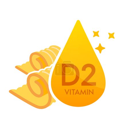 Ilustración de Icono de vitamina D2 naranja con mantequilla de queso amarillo. Forma suero de gota línea simple aislado sobre un fondo blanco. Diseño para uso en medios impresos. Símbolo de suplemento alimenticio médico. Vector EPS10. - Imagen libre de derechos