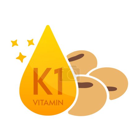 Ilustración de Icono de vitamina K1 con naranja de cereal de soja. Forma suero de gota línea simple aislado sobre un fondo blanco. Diseño para su uso en web, aplicaciones y medios impresos. Concepto de símbolo de suplemento alimenticio médico. Vector EPS10. - Imagen libre de derechos