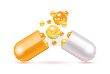 Illustration for Lutein and Zeaxanthin medicine capsule orange. Vitamin complex with Chemical formula from marigold to nourish eyes. Medical and healthcare concept. 3D Vector. Isolated on a white background. - Royalty Free Image