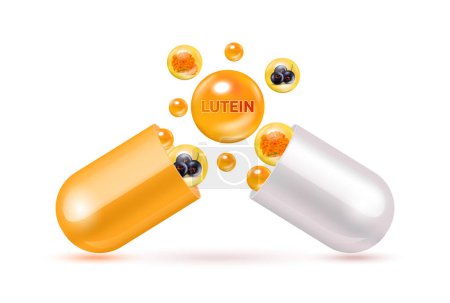 Illustration for Lutein medicine capsule orange. Vitamin complex with chemical formula from marigold and blackcurrant to nourish eyes. Medical and healthcare concept. 3D Vector. Isolated on a white background. - Royalty Free Image