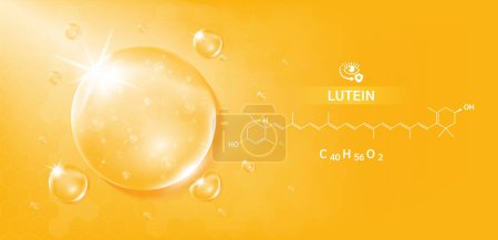 Illustration for Drop water lutein orange and structure. Vitamin complex with Chemical formula from marigold to nourish eyes. Medical and scientific concepts. 3D Realistic Vector EPS10. - Royalty Free Image