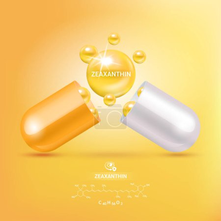 Illustration for Zeaxanthin medicine capsule and structure orange. Food for good vision and healthy eyes. Selection of products to help improve eyesight. Medical scientific and healthcare concept. 3D Vector EPS10. - Royalty Free Image
