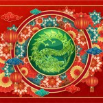 Happy Chinese New Year 2024. Dragon gold zodiac sign inside jade green on red background with lanterns, cloud and flower for festival card design. Vector. (Translation : happy new year 2024, dragon)