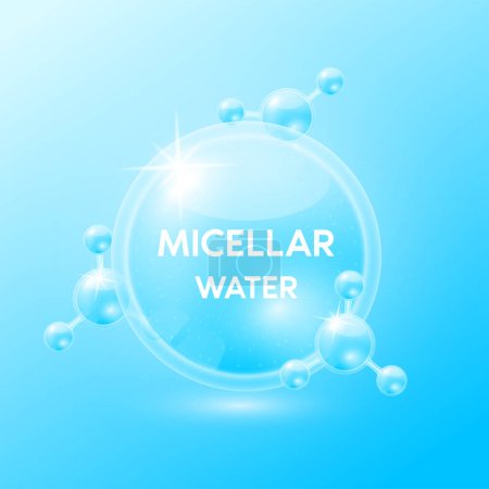 Micellar water. Amino acids are natural moisturizers facial cleancer. Collagen serum and hyaluronic acid skincare. For beauty cosmetic. Medical scientific concept. 3D Vector.