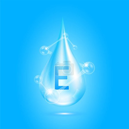Illustration for Vitamins E collagen serum water drop isolated on dark background. Solution complex blue with molecule oxygen bubbles surround. Beauty skincare cosmetics. Medical concepts. 3D Realistic Vector. - Royalty Free Image