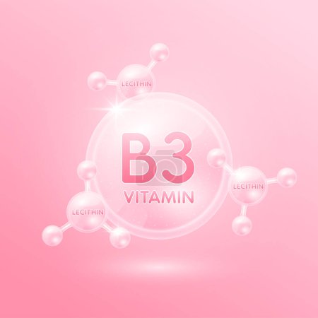 Illustration for Vitamin b3 and Lecithin amino acids. Collagen serum pink skin care. For beauty cosmetic with chemical formula. Medical scientific concept. 3D Vector. - Royalty Free Image