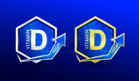 High vitamin D in hexagon shape aluminum gold and silver with shine arrow. Used for design nutrition supplement products. Minerals label symbol logo 3D on blue background. Vector EPS10.