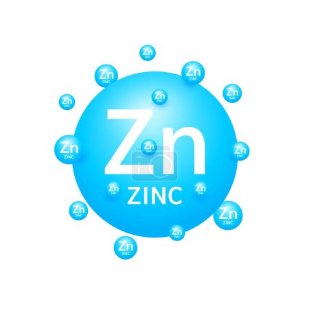 Minerales de zinc azul sobre fondo blanco. Nutrientes naturales y vitaminas esenciales para el cuerpo para ayudar a reparar los órganos dañados. Para el diseño de suplementos médicos de publicidad. Vector 3D EPS10.