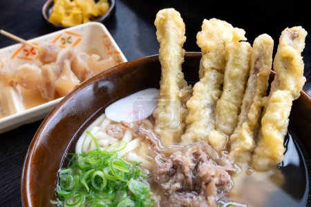 El cuenco udon - el fideo japonés habitualmente servido con la carne de vaca y la bardana frita. 