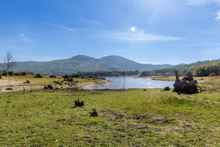low water level in Morales reservoir, due to climate change, in Rozas de Puerto Real. Madrid. Spain