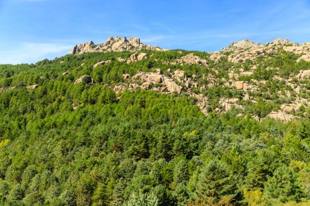 Photo for Panoramic view of a boy observing the mountains in the Pedriza Regional Park. - Royalty Free Image