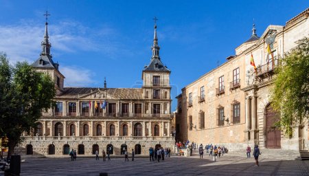 Photo for Morning ight at Plaza del Ayuntamiento in front of the Cathedral of Saint Mary in Toledo, Spain - Royalty Free Image
