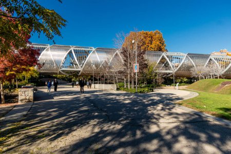 Téléchargez les photos : Madrid, Espagne - 19 novembre 2023 : Pont d'Arganzuela en automne dans le parc de Madrid appelé rivière Madrid sur les rives de la rivière Mnazanares à Madrid, Espagne - en image libre de droit