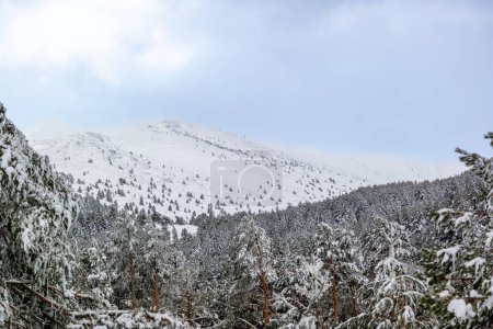 Schneelandschaften von Puerto de Cotos in der Sierra de Guadarrama in Madrid im März 2024